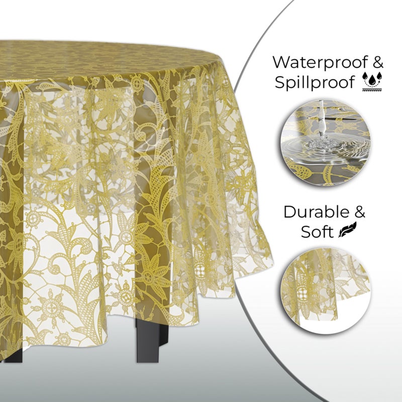 Exquisite Lace Table Cloth Round Table Plastic 12-Pack Lace Tablecloth Round 84" | Clear & Gold Floral Tablecloth Disposable | Wild Flower Party Decorations & Party Supplies - Image 4
